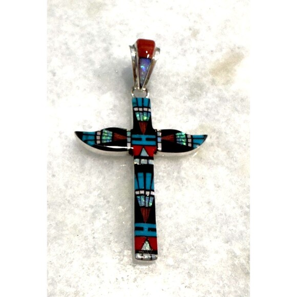 Handmade Native 925 Silver Micro Inlay Cross Pendant Genuine Gemstone Mosaic NEW - Picture 2 of 6